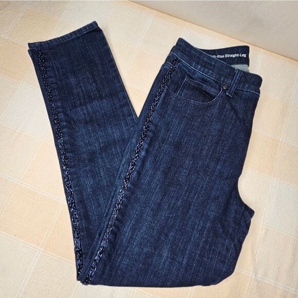 Talbots Flawless Stretch High Rise Straight Leg Side Beaded Dark Demin Jeans - Picture 3 of 13